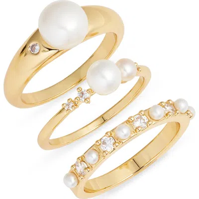 Nordstrom Set Of 3 Demi Fine Freshwater Pearl & Cubic Zirconis Rings In Gold