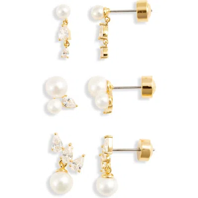 Nordstrom Set Of 3 Faux Pearl & Cubic Zirconia Earrings In Gold