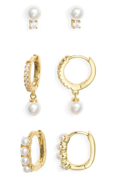 Nordstrom Set Of 3 Faux Pearl & Cubic Zirconia Earrings In Gold