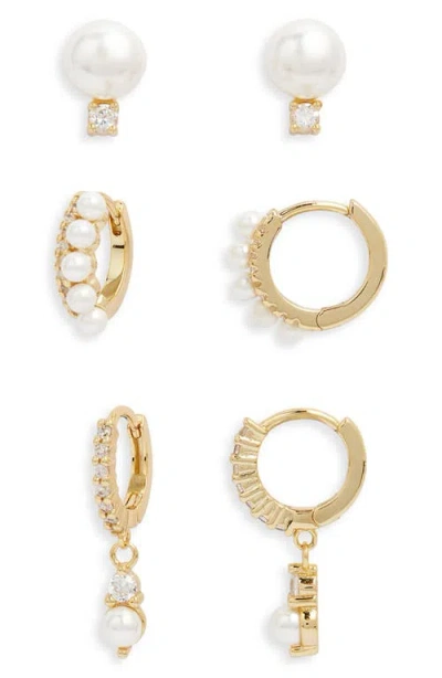 Nordstrom Set Of 3 Freshwater Pearl & Cubic Zirconia Stud & Hoop Earrings In Gold