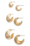 Nordstrom Set Of 3 Ridged Chubby Hoop Earrings In Gold