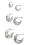 Nordstrom Set Of 3 Ridged Chubby Hoop Earrings In Rhodium