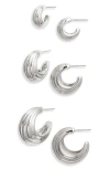 Nordstrom Set Of 3 Ridged Chubby Hoop Earrings In Rhodium