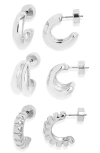 Nordstrom Set Of 3 Textured Hoop Earrings In Silver