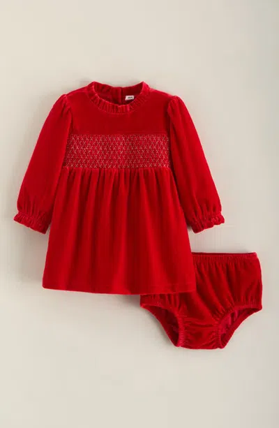 Nordstrom Babies'  Shine Smocked Velour Dress & Bloomers In Red