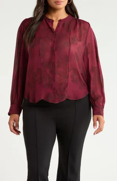 Nordstrom Shirred Chiffon Button-up Shirt In Burgundy Bouquet Trail
