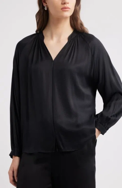 Nordstrom Shirred Satin Button-up Shirt In Black