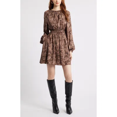Nordstrom Shirred Waist Long Sleeve Minidress In Brown