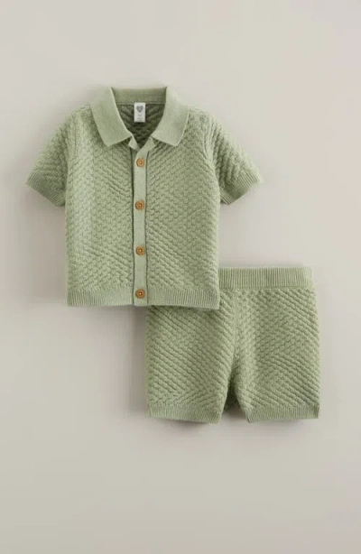 Nordstrom Babies'  Short Sleeve Knit Button-up Shirt & Shorts Set In Green