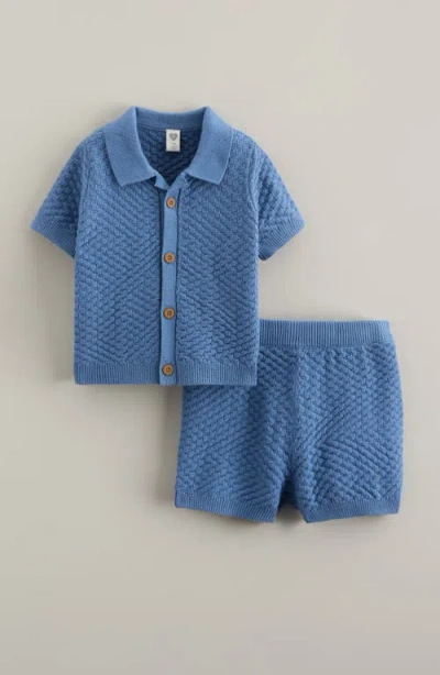 Nordstrom Babies'  Short Sleeve Knit Button-up Shirt & Shorts Set In Blue
