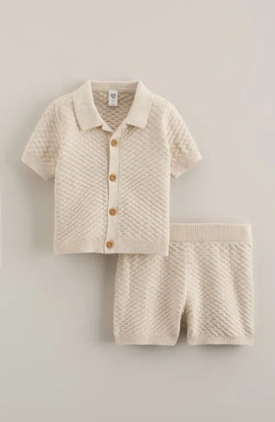 Nordstrom Babies'  Short Sleeve Knit Button-up Shirt & Shorts Set In Brown