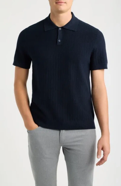 Nordstrom Short Sleeve Ribbed Cotton & Cashmere Polo Sweater In Blue