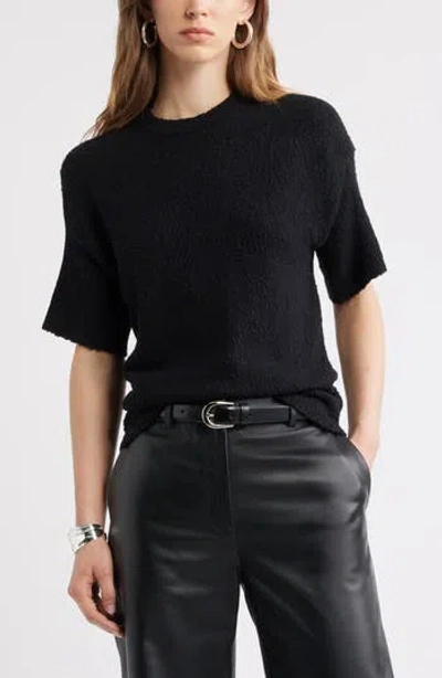 Nordstrom Short Sleeve Stretch Wool Blend Bouclé Sweater In Black
