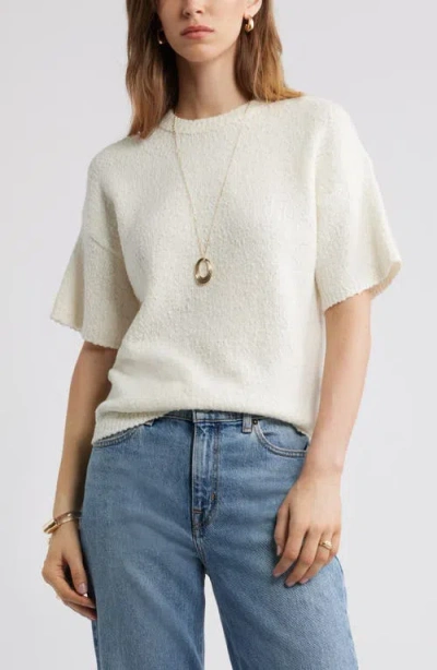 Nordstrom Short Sleeve Stretch Wool Blend Bouclé Sweater In White