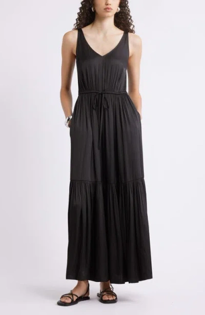 Nordstrom Sleeveless Satin V-neck Maxi Dress In Black