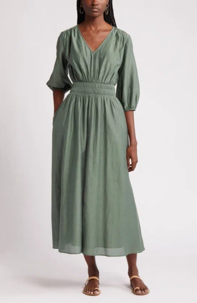 Nordstrom Smocked Waist Cotton & Silk Dress In Green Duck
