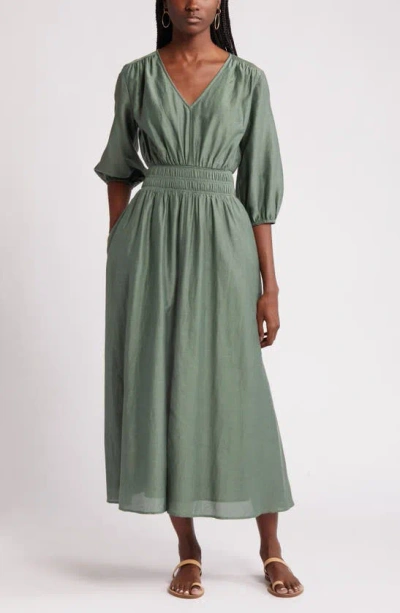 Nordstrom Smocked Waist Cotton & Silk Dress In Green Duck | ModeSens