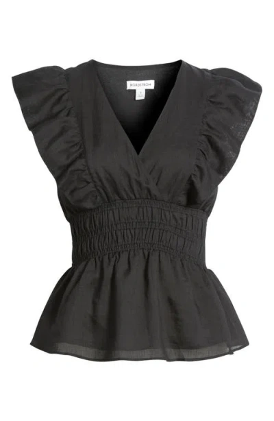 Nordstrom Smocked Waist Flutter Sleeve Peplum Top In Black