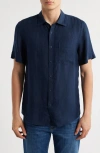 Nordstrom Solid Short Sleeve Linen Button-up Shirt In Navy Blazer