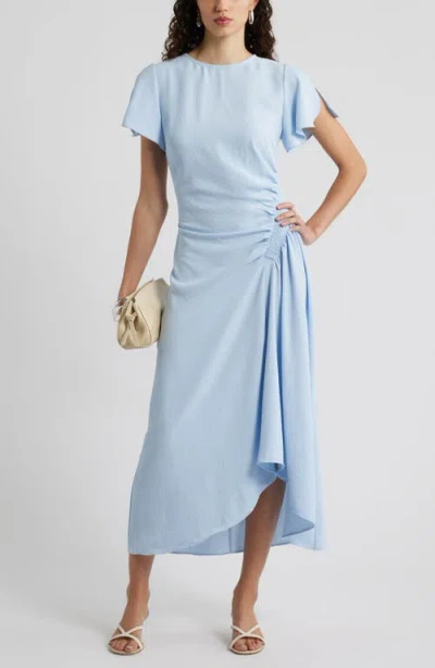 Nordstrom Split Sleeve Side Smocked Midi Dress In Blue