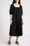Nordstrom Square Neck Puff Sleeve Cotton Midi Dress In Black