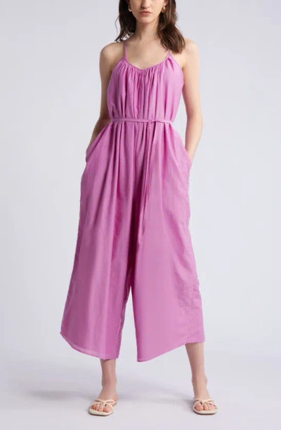 Nordstrom Strappy Tie Waist Cotton & Silk Jumpsuit In Pink Bodacious