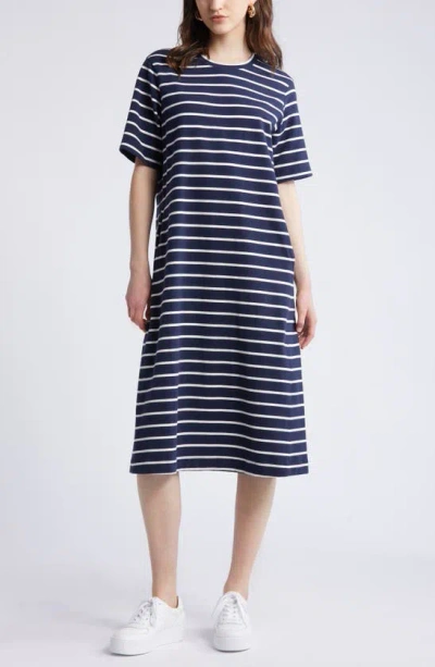 Nordstrom Stretch Cotton Midi T-shirt Dress In Navy Blazer- Ivory Stripe