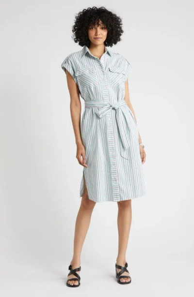 Nordstrom Stripe Belted Cotton Utility Shirtdress In Teal Mist- White Leon Stripe