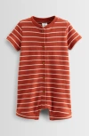 Nordstrom Stripe Button-up Cotton French Terry Romper In Rust Adobe Picnic Stripe