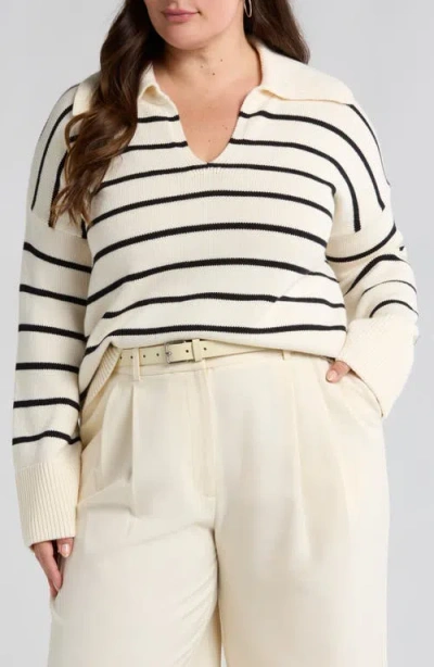 Nordstrom Stripe Cotton & Cashmere Sweater In Ivory Pristine- Black Stp