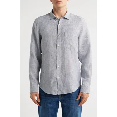 Nordstrom Stripe Long Sleeve Linen Woven Button-up Shirt In White- Navy Single Stripe