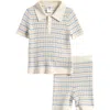 Nordstrom Babies'  Stripe Pointelle Polo Sweater & Shorts Set In Ivory Egret Multi Stripe