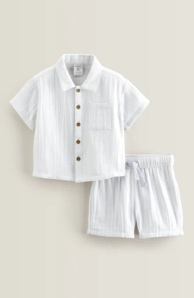 Nordstrom Babies'  Stripe Short Sleeve Cotton Button-up Shirt & Shorts Set In Blue