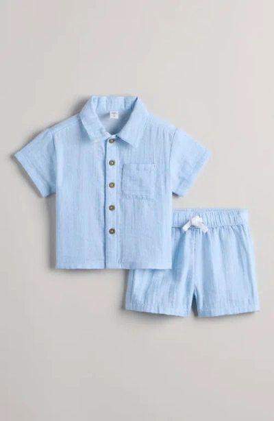 Nordstrom Babies'  Stripe Short Sleeve Cotton Button-up Shirt & Shorts Set In Blue
