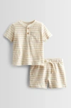 Nordstrom Babies'  Stripe Short Sleeve Henley & Drawstring Shorts Set In Ivory Egret- Tan Stripe