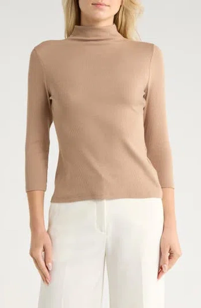 Nordstrom Three-quarter Sleeve Stretch Pima Cotton Mock Neck T-shirt In Brown
