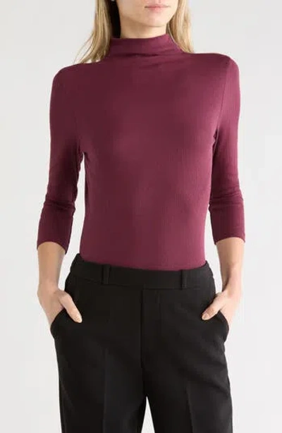Nordstrom Three-quarter Sleeve Stretch Pima Cotton Mock Neck T-shirt In Burgundy Fig