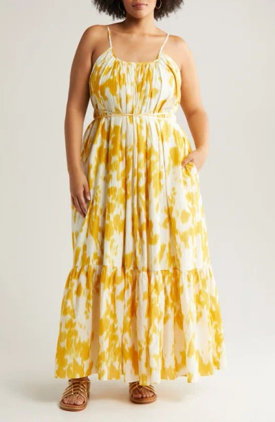 Nordstrom Tie Back Tiered Maxi Dress In Ivory Dove- Yellow Lotus Blur