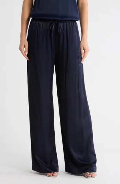 Nordstrom Tie Front Satin Wide Leg Pants In Blue