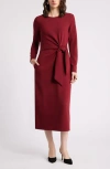 Nordstrom Tie Waist Long Sleeve Knit Midi Dress In Red Grape