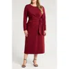 Nordstrom Tie Waist Long Sleeve Midi Dress In Red Grape