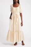 Nordstrom Tiered Blouson Sleeve Cotton & Silk Maxi Dress In Beige Beach