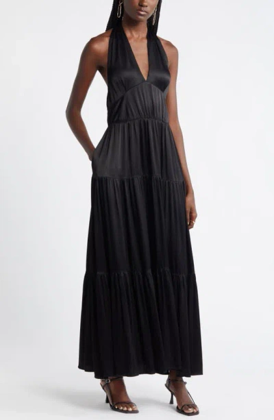 Nordstrom Tiered Satin Halter Maxi Dress In Black