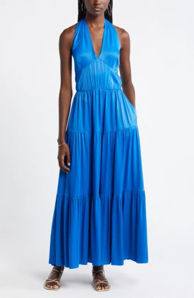 Nordstrom Tiered Satin Halter Maxi Dress In Blue Marmara