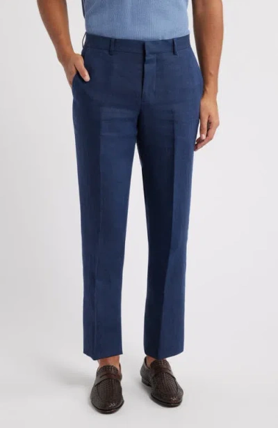 Nordstrom Trim Fit Flat Front Linen Dress Pants In Navy Blazer