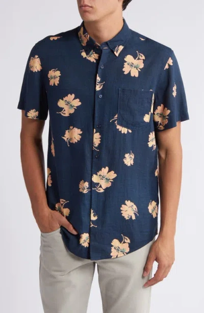 Nordstrom Trim Fit Floral Short Sleeve Linen Blend Button-down Shirt In Navy Watercolor Floral