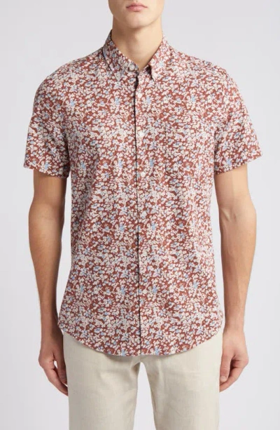 Nordstrom Trim Fit Floral Short Sleeve Stretch Cotton & Linen Button-down Shirt In Brown Sable Floral Ditsy