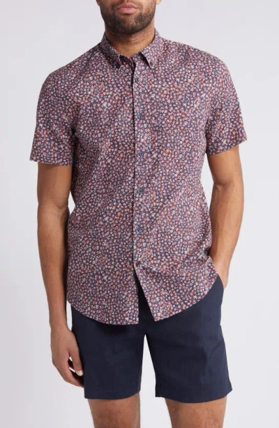 Nordstrom Trim Fit Floral Short Sleeve Stretch Cotton & Linen Button-down Shirt In Navy- Red Floral Contrast