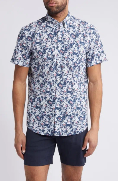 Nordstrom Trim Fit Floral Short Sleeve Stretch Cotton & Linen Button-down Shirt In Navy- White Ditsy Field
