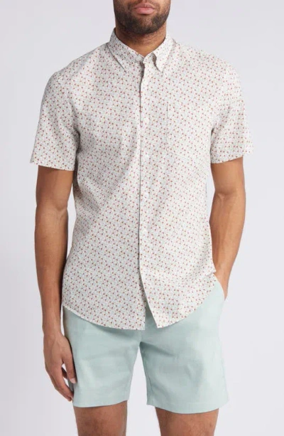 Nordstrom Trim Fit Floral Short Sleeve Stretch Cotton & Linen Button-down Shirt In White Tiny Tulips